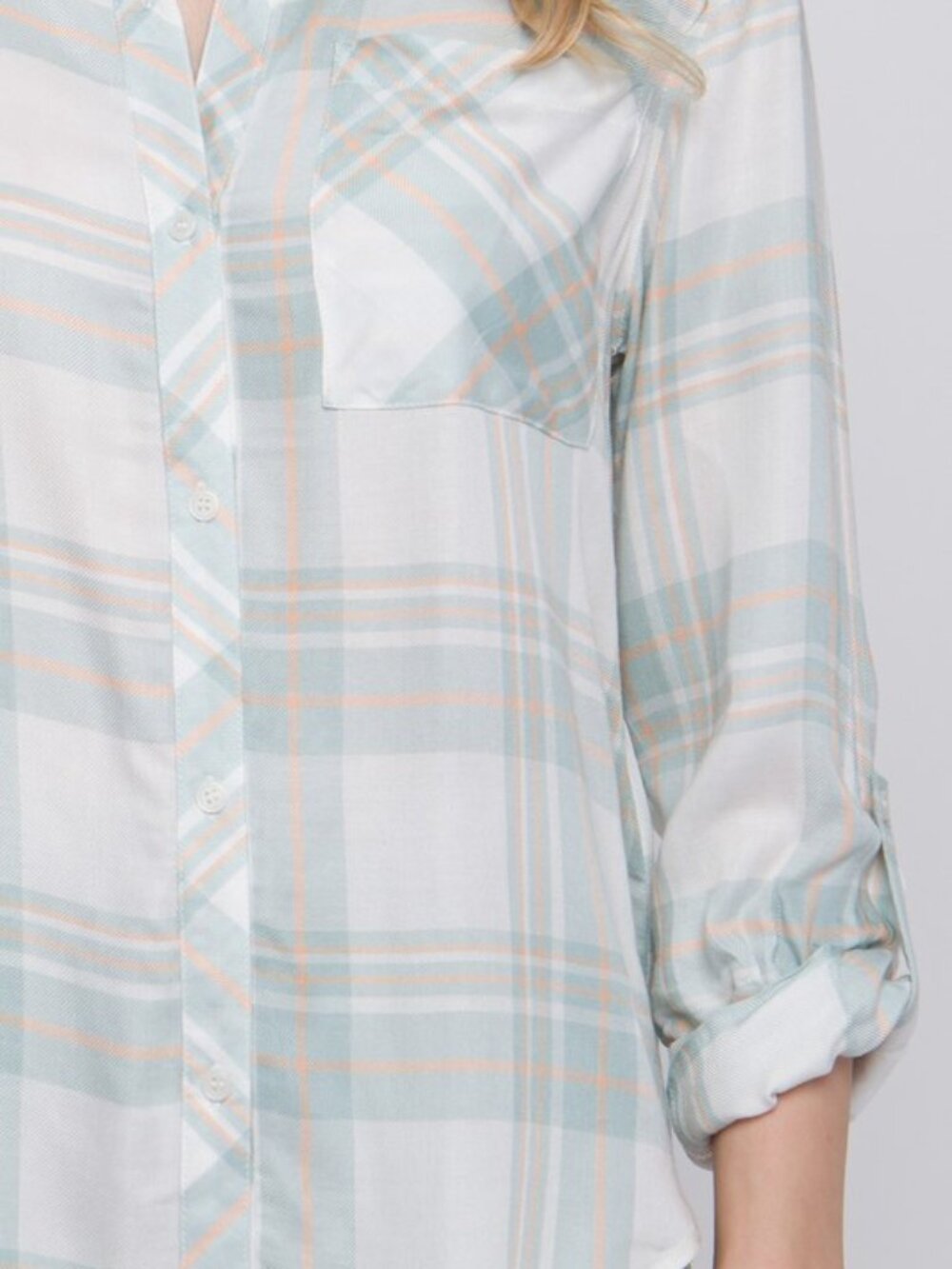 Lightweight Plaid Button-Up Top - Mint Green - Picture 10 of 15
